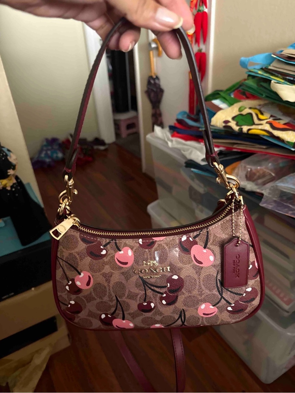 Coach Mini Shoulder Bag in Brown with Red & Pink Cherry Print